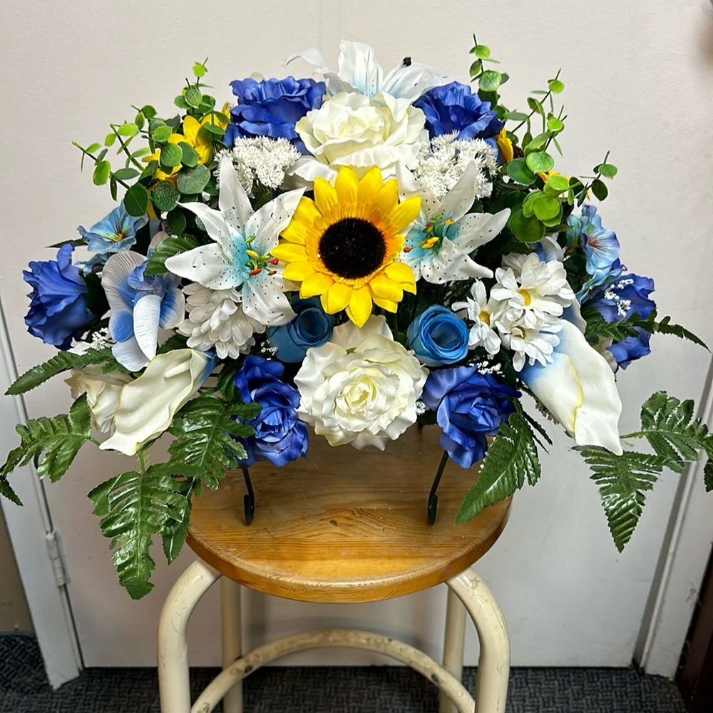Beautiful Eternal LOVE tombstone Saddle, Tribute Flower Arrangement - Blue